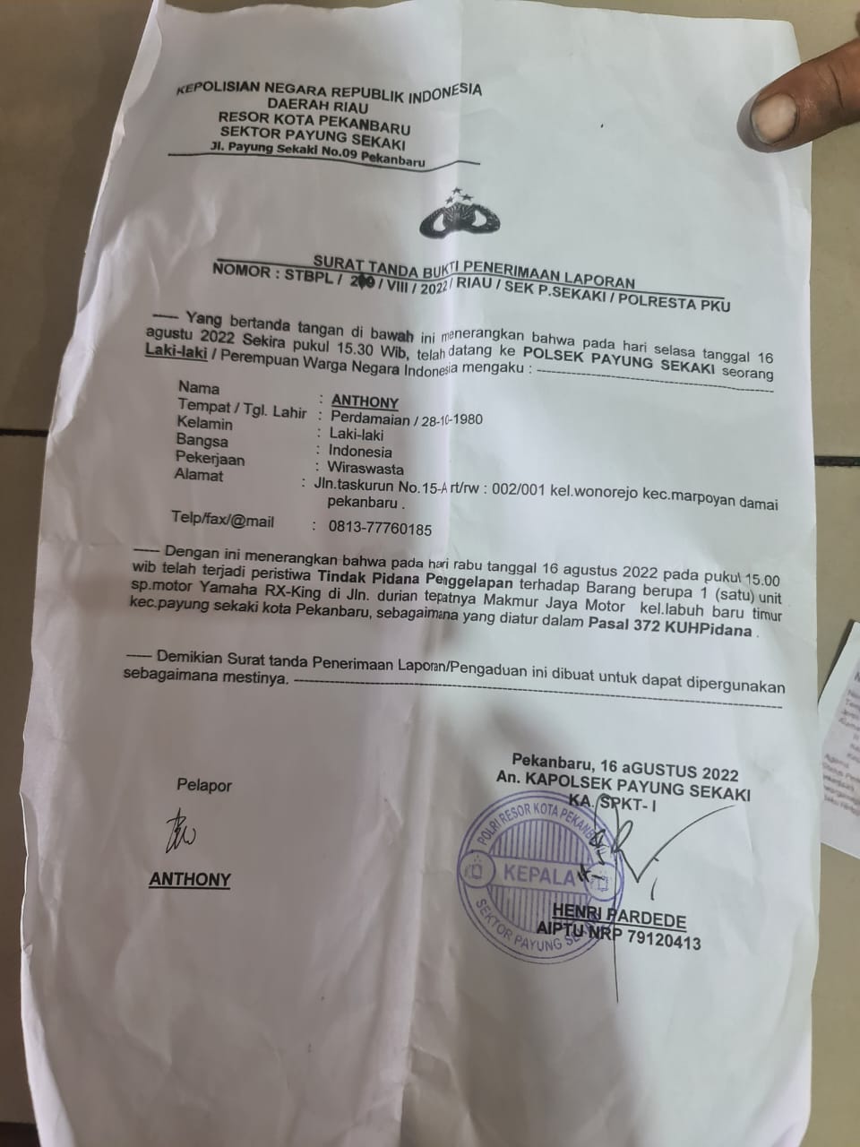 Antoni Masih Berharap Laporannya Diproses Polsek Payung Sekaki