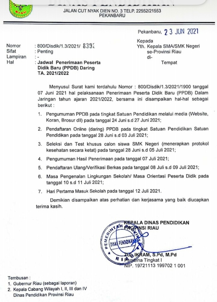 Disdik Umumkan Pendaftaran Online PPDB SMA/SMK Negeri di Riau Dimulai 28 Juni