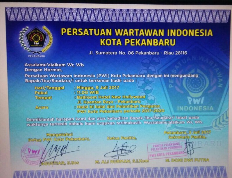 PWI Pekanbaru Dilantik 9 Juli 2017 Mendatang