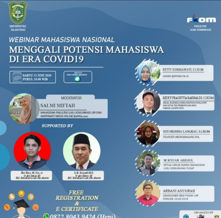 FIKOM UIR Taja Webinar Nasional Gali Potensi Mahasiswa di Era Covid 19  