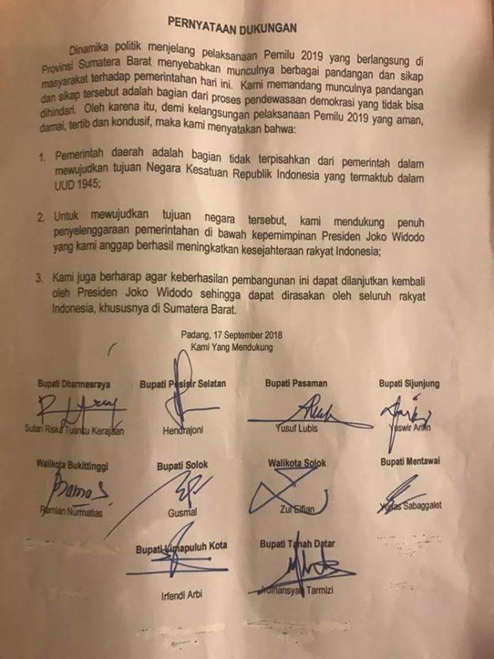Punya Senjata Atasi Masalah Ekonomi, 10 Kepala Daerah di Sumbar Dukung Jokowi-Ma'aruf