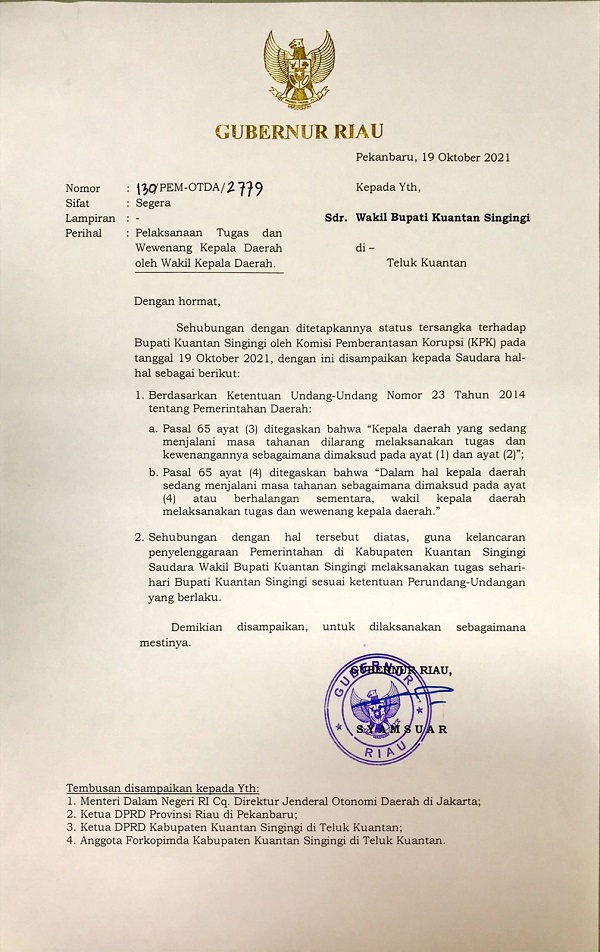 Bupati Ditetapkan Sebagai Tersangka, Gubernur Riau Tunjuk Suhardiman Amby Plt Bupati Kuansing