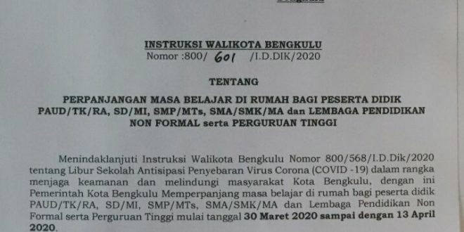 Pemkot Bengkulu Perpanjang Libur Sekolah Hingga 13 April