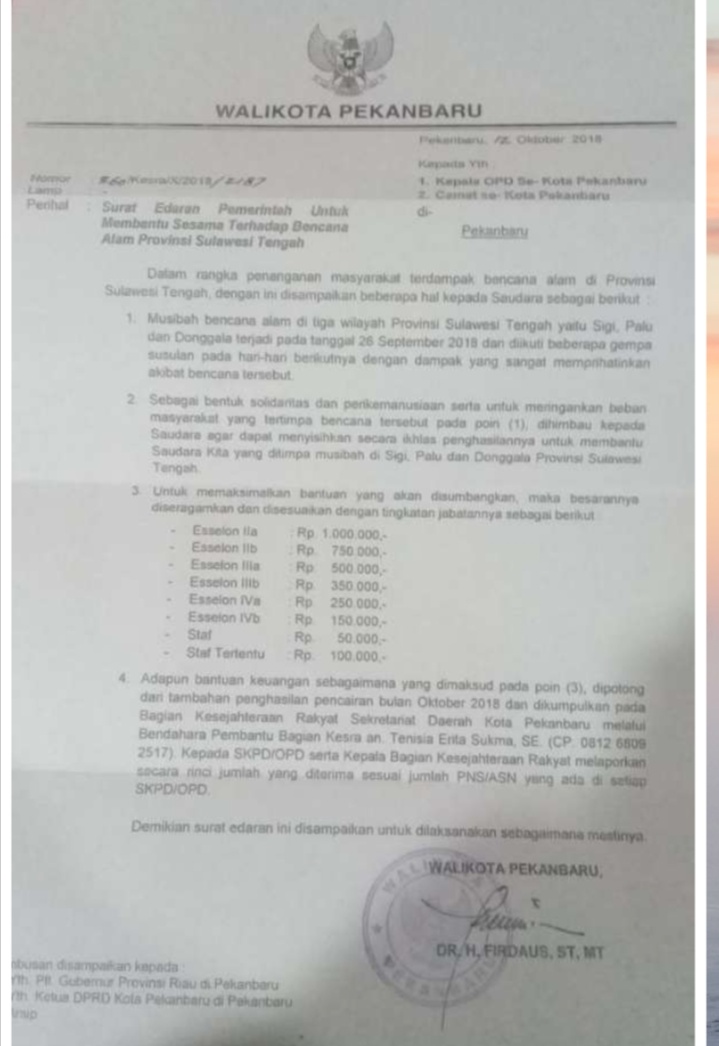 Bantu Korban Sunami Donggala,  Palu,  Sigi,  Pejabat Pemko Iklaskan Tunjangan di Potong