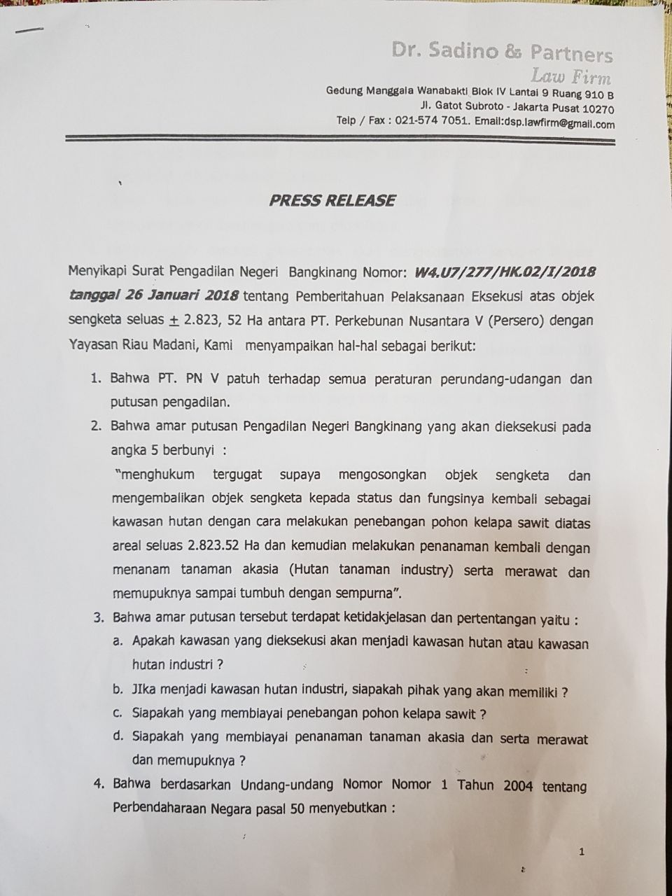 Terkait Eksekusi PTPN V, Kuasa Hukum Akan Laporkan Pembecking LSM Riau Madani