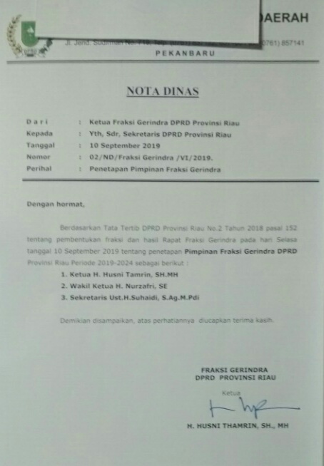 Gerindra Tunjuk Husni Thamrin Sebagai Ketua Fraksi DPRD Riau