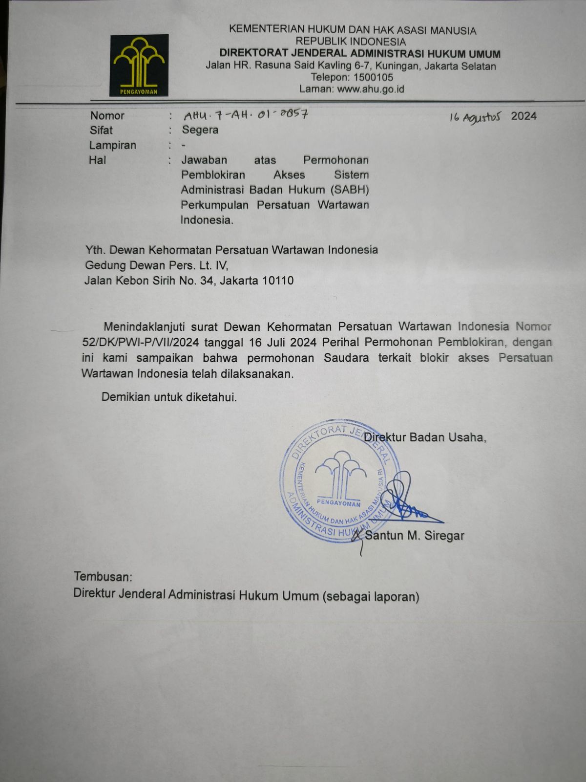 Surat AHU PWI Diblokir, Hendry Ch. Bangun Tidak Punya Legal Standing  