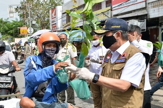Disiplin Pakai Masker, Gubernur Riau Bagikan Bibit Tanaman Kepada Warga 