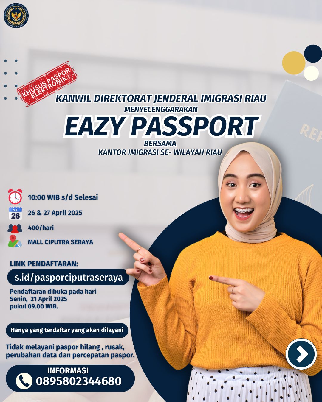 Berikan Akses Kemudahan, Kanwil Imigrasi Riau Gelar Layanan Eazy Passport di Mall Ciputra Seraya Pekanbaru