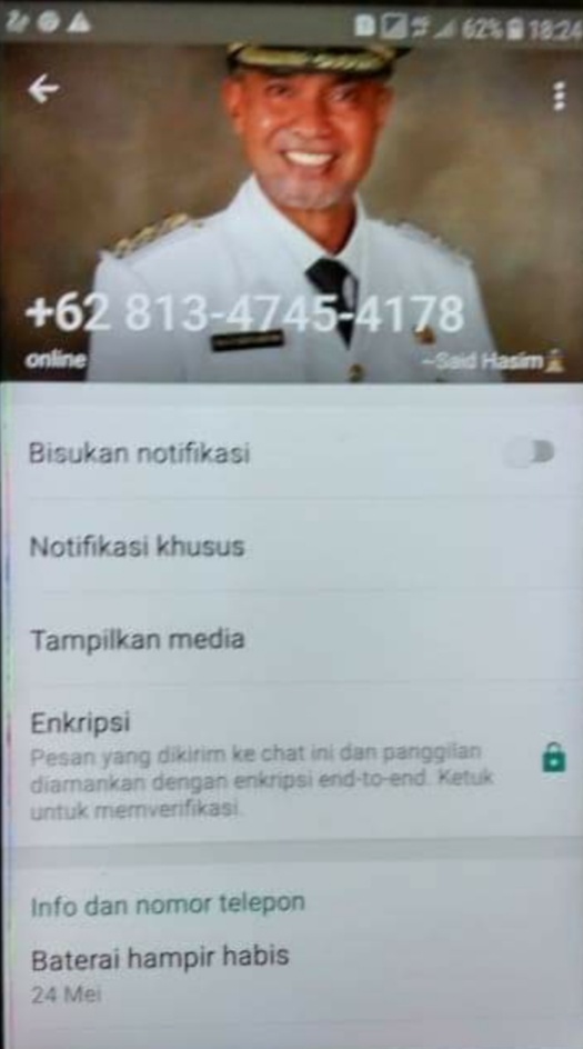 Hati-hati, Penipuan Gunakan Nomor WA dengan Foto Profil Wakil Bupati Minta Transfer Uang