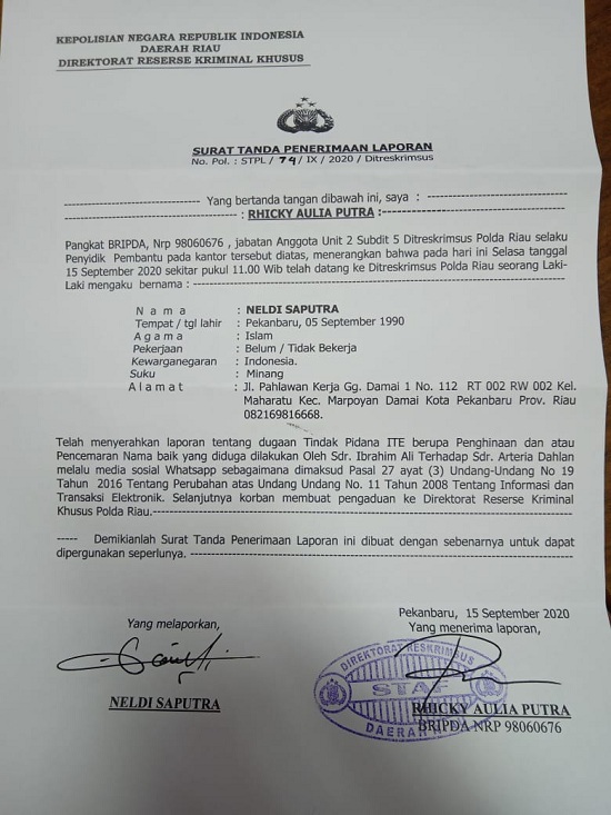 Resmi Laporkan Mantan Wabup Kampar Terkait Ujaran Kebencian, Repdem Minta Segera Diproses 