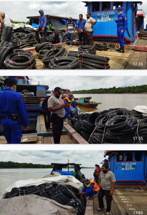 Satpol Airud Polres Rohil Amankan Kapal Berisi Ribuan Ban Bekas Asal Malaysia