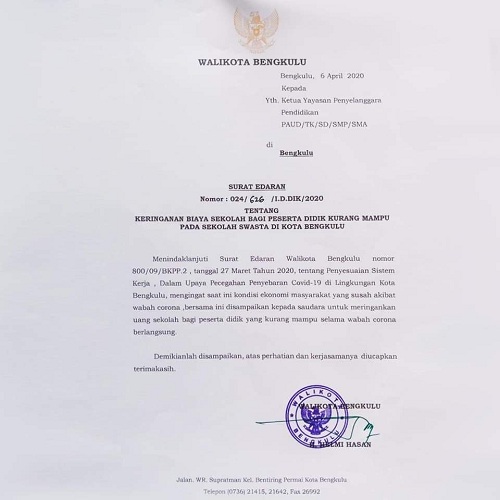 Walikota Bengkulu Surati Yayasan Pendidikan Swasta Ringankan  Biaya Sekolah