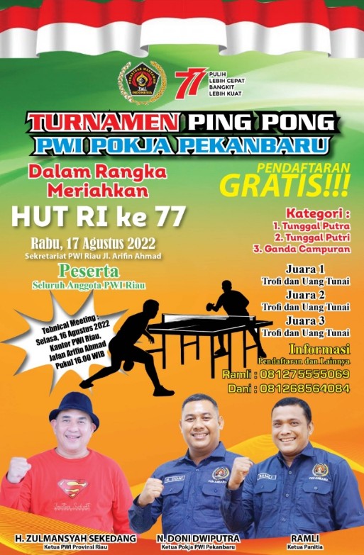 Meriahkan HUT RI ke-77, PWI Pokja Pekanbaru Gelar Turnamen Ping Pong Antar Wartawan Segera Daftar 