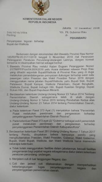 Dukung Salah Satu Calon, Mendagri Minta Gubri Tegur 10 Kada di Riau 